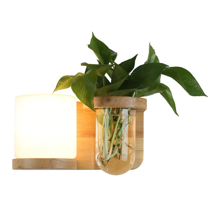 Krem Glass Cube Sconce Lampe Art Deco 1-pære Tre Veggmontert Lys med Hydrokponisk Plantekrukke | Luvikno