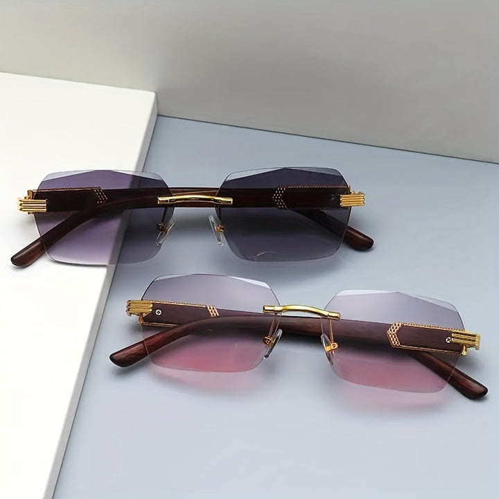 Rimless solbriller med rektangulære linser og faux tre templer – Verro | Luvikno