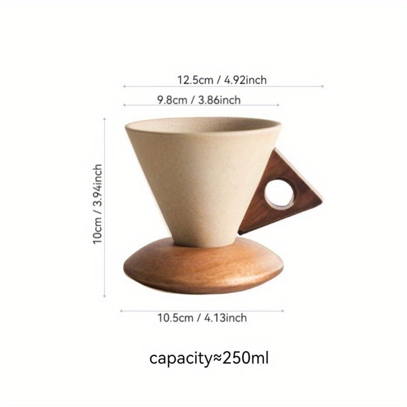 BaristaLuxe Keramisk Kaffekopp 250ml – Håndlaget med Trehåndtak og Underlag | Luvikno