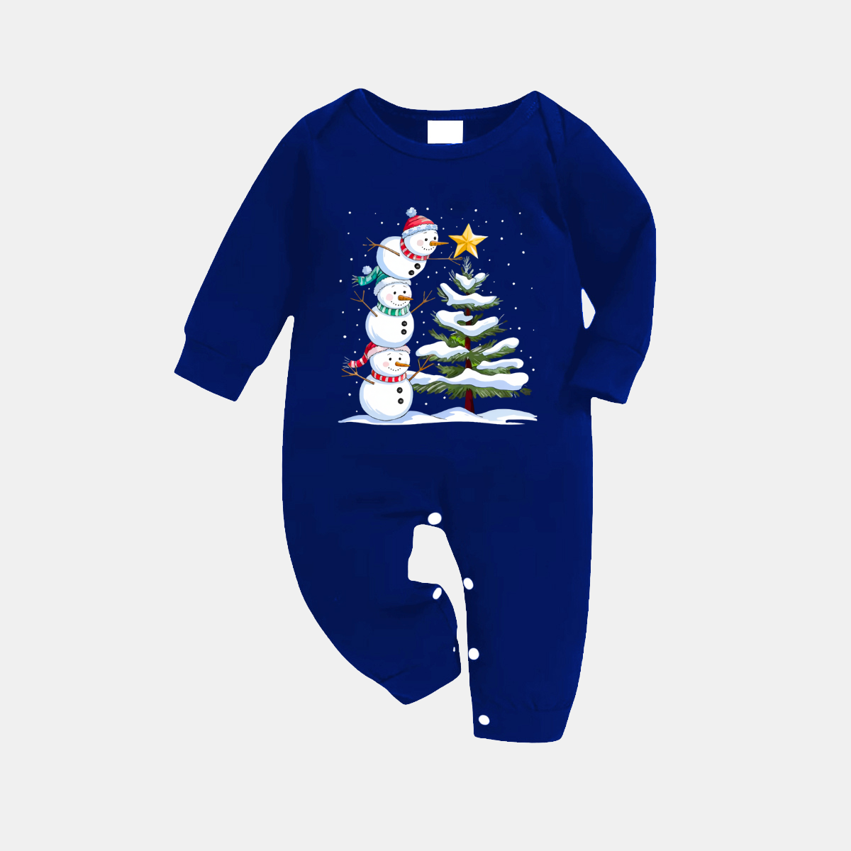 Luvik | Tummansininen ja valkoinen ruudullinen joulu pyjama kolmiosainen setti, jossa on lumiukko ja joulukuusen painatus