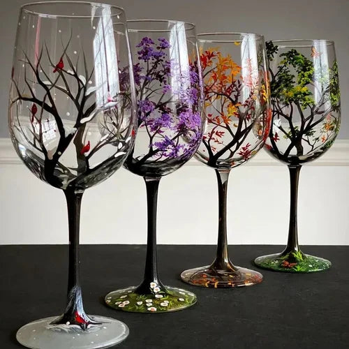 Luvikno | Four Seasons Tree Vin Glass - Håndmalt Kunst