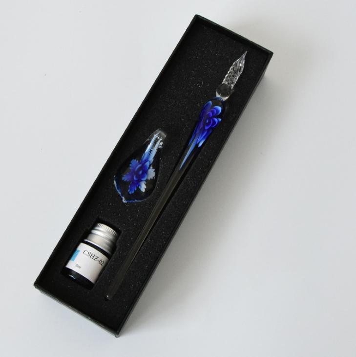 Glass fountain pen with ink and pen holder | Luvikno