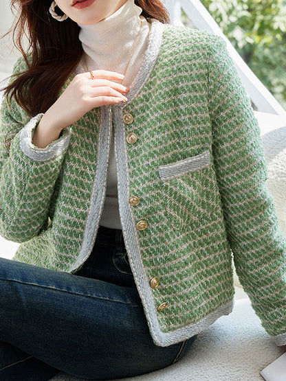 Luvik | Klassinen Pyöreä Kaulus Lankapainike Tweedtakki