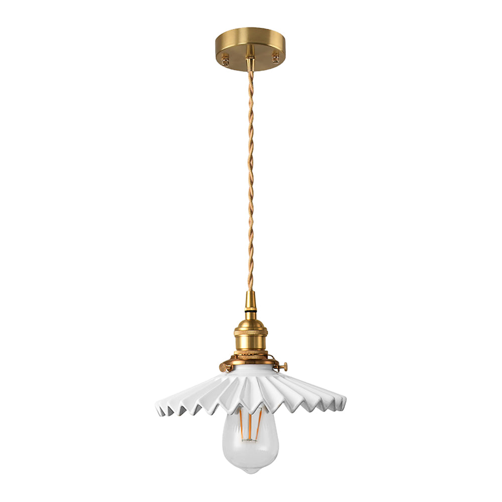 Vintage keramisk pendellampe med plissédesign – messing LED pendellampe for spisestue og stue | Luvikno