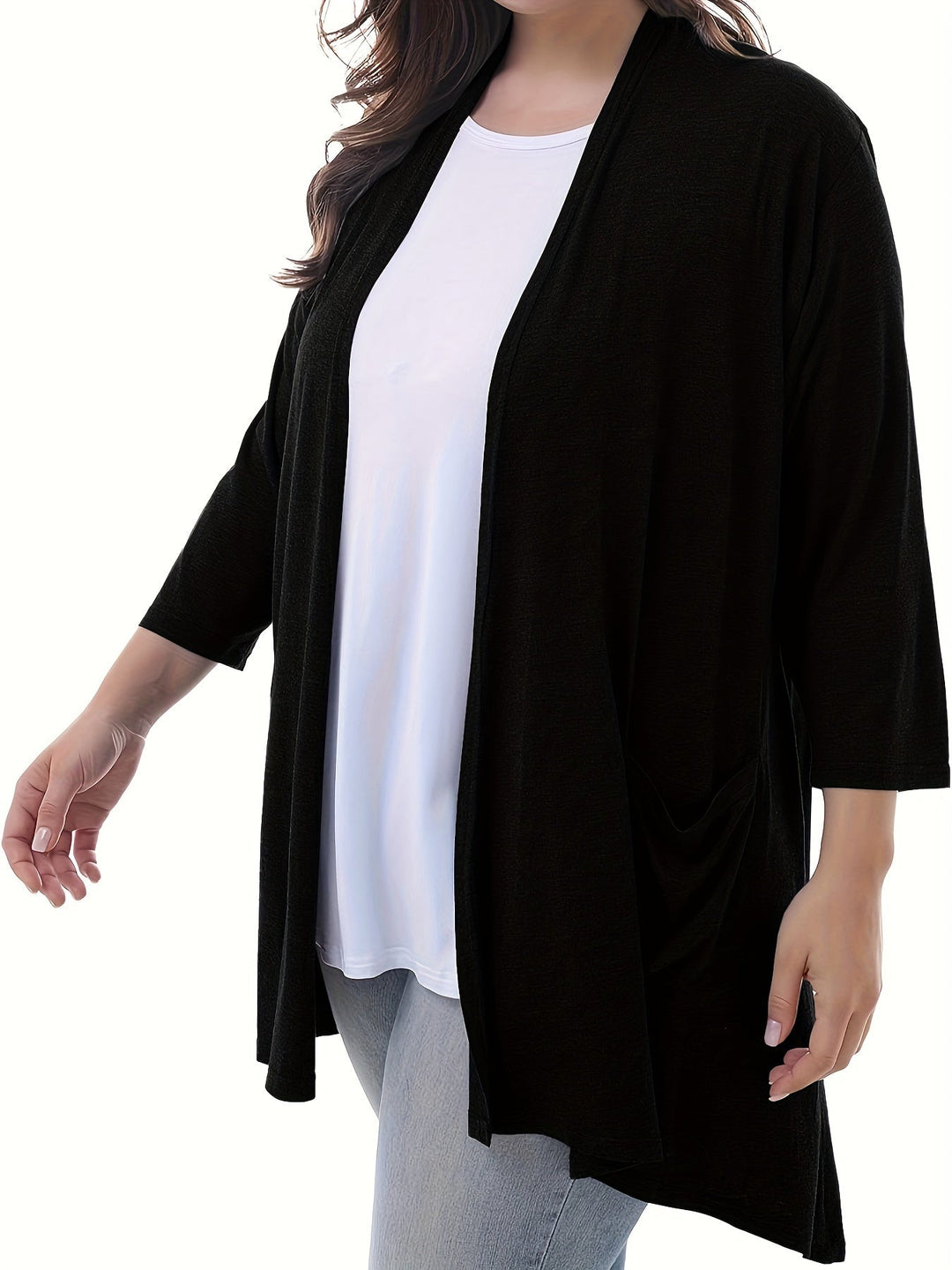 Luvik | Naisten Plus Size 3/4 Hiha Avoin Etu Liivi Taskuilla
