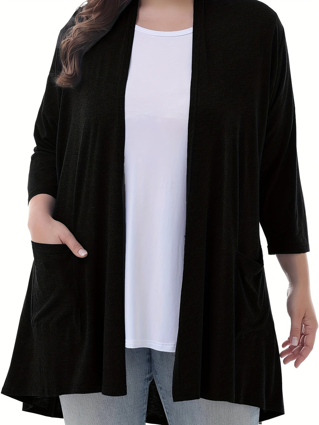 Luvik | Naisten Plus Size 3/4 Hiha Avoin Etu Liivi Taskuilla