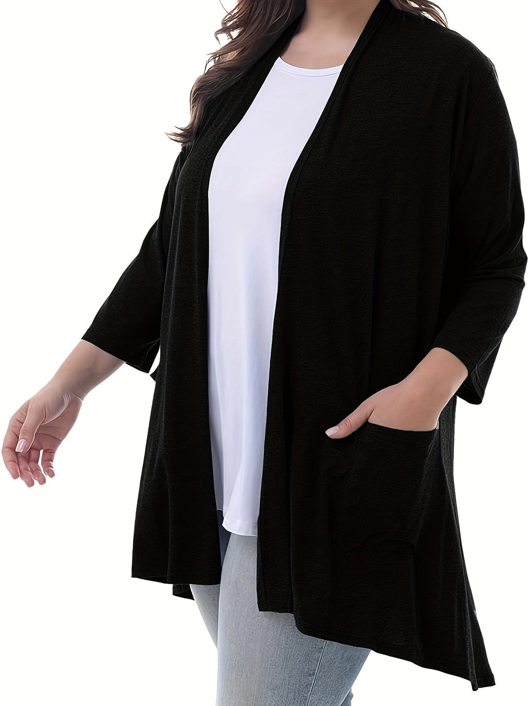 Luvik | Naisten Plus Size 3/4 Hiha Avoin Etu Liivi Taskuilla