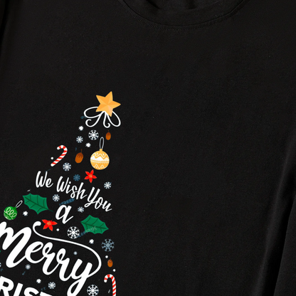 Luvik | "Toivotamme teille Hyvää Joulua" printattu kuvio musta pitkähihainen paita mustilla ja vihreillä ruudullisilla housuilla perheelle sopivat pyjamat