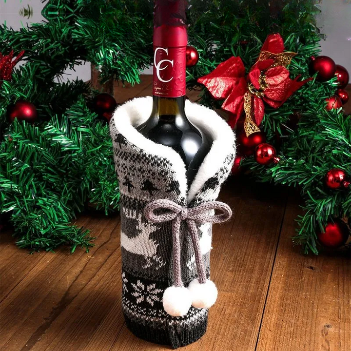 Juleflaskehette med pelskrage – festlig hette for vinflasker, nisse dekorasjon til jul, perfekt som gaveinnpakning | Luvikno