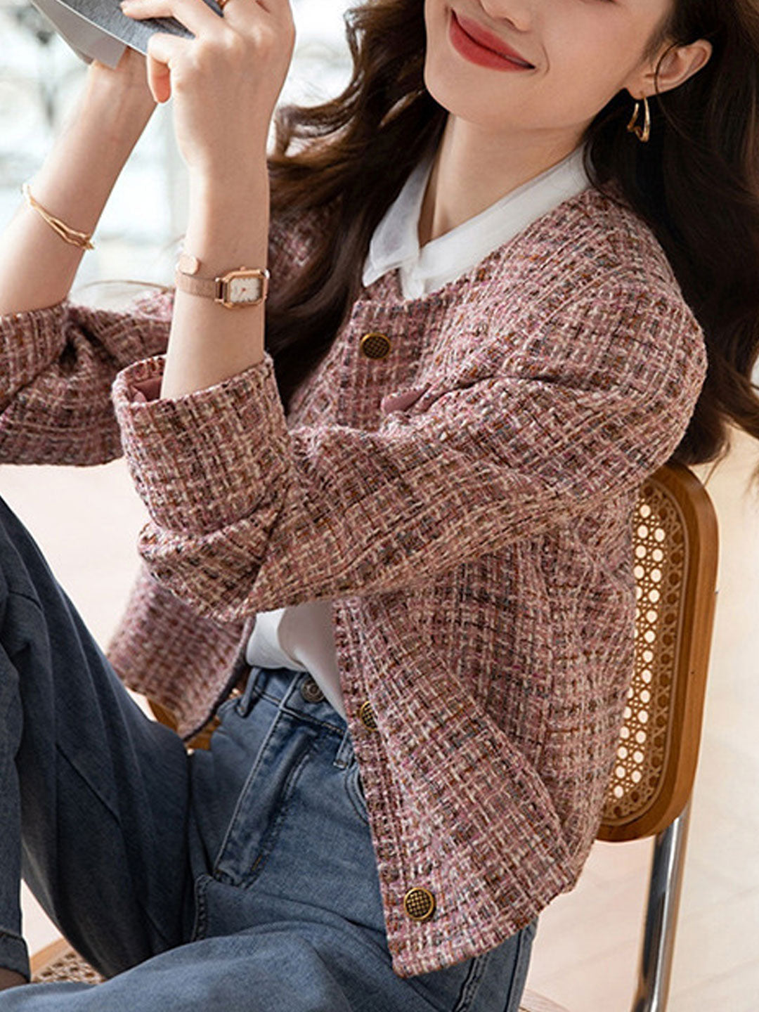 Luvik | Tyylikäs Pyöreä Kaula Pinkki Tweed Takki