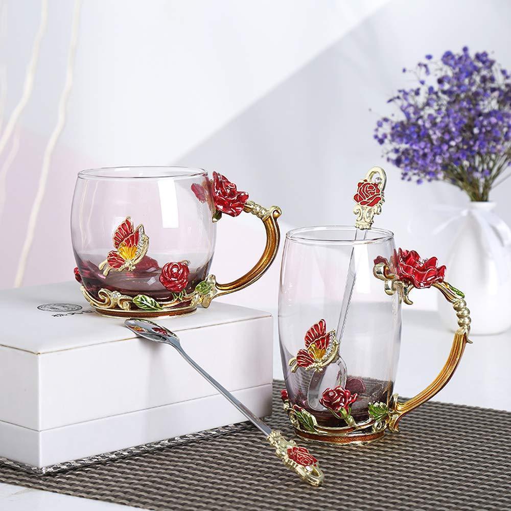 Emalje Rose Glass Tekopp Sett (Med Skje) | Luvikno