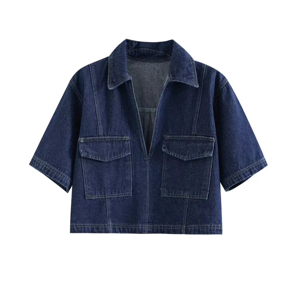Luvik | Tyylikkäät Denim-lyhyet housut ja toppi modernilla V-kaula-aukolta