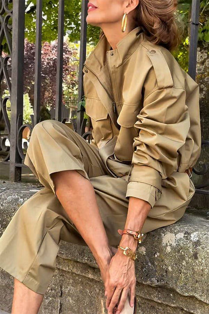 Luvik | Charm Strap Details Tasku Cargo Tyyli Vetoketju Rento Takki