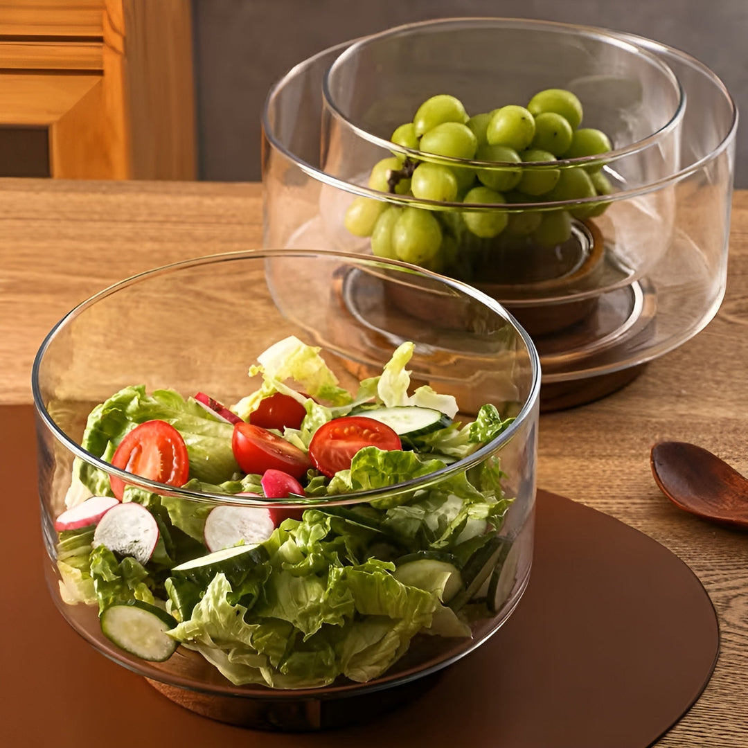 Glasskål med trebase – Elegant og dekorativ | Perfekt for frukt, snacks og salater på kjøkkenet | Luvikno