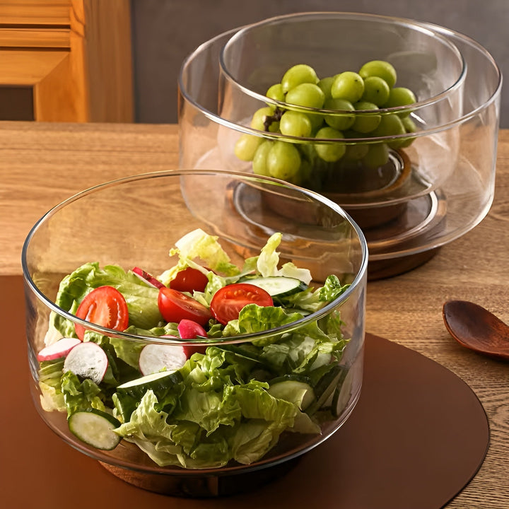 Glasskål med trebase – Elegant og dekorativ | Perfekt for frukt, snacks og salater på kjøkkenet | Luvikno