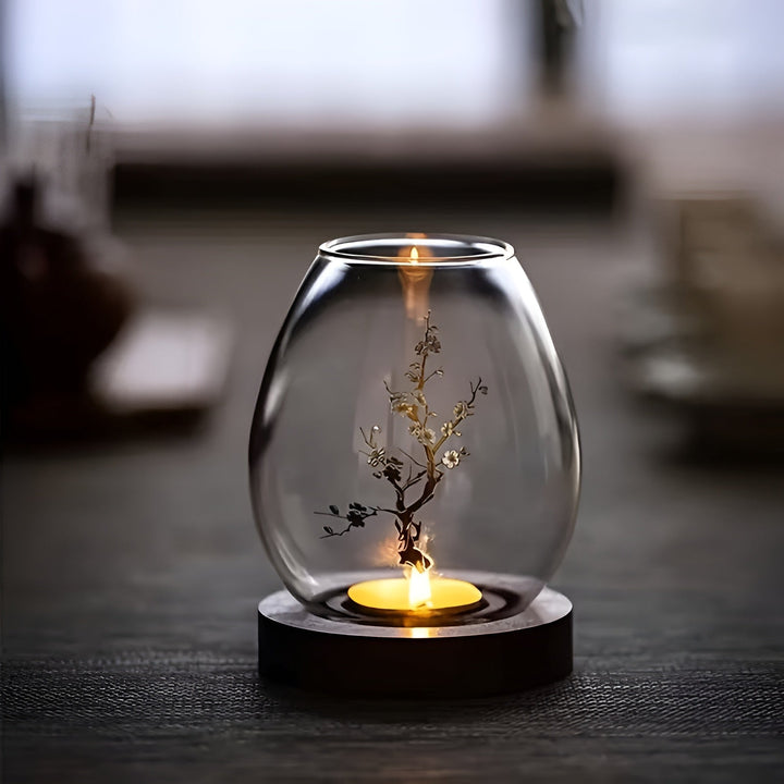2-delt sett glasskandelholdere med tresokkel - dekorativ i retro zen-stil | perfekt for stue, borddekorasjon og utendørs | Luvikno