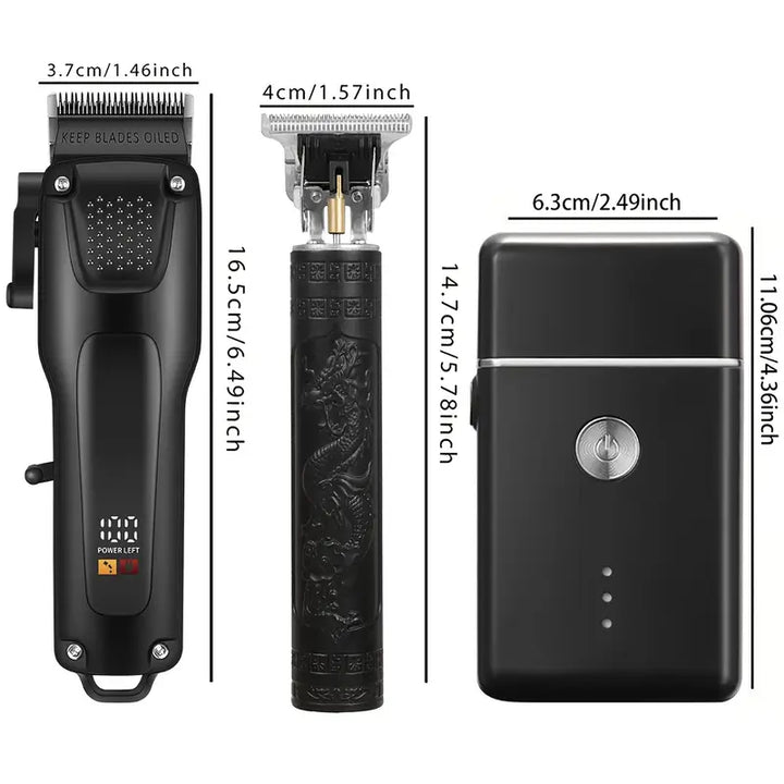 Luvikno | GroomMaster - 3-delt profesjonelt hår- og skjeggpleiesett for menn, trådløse trimmere med LED-skjerm, USB oppladbar