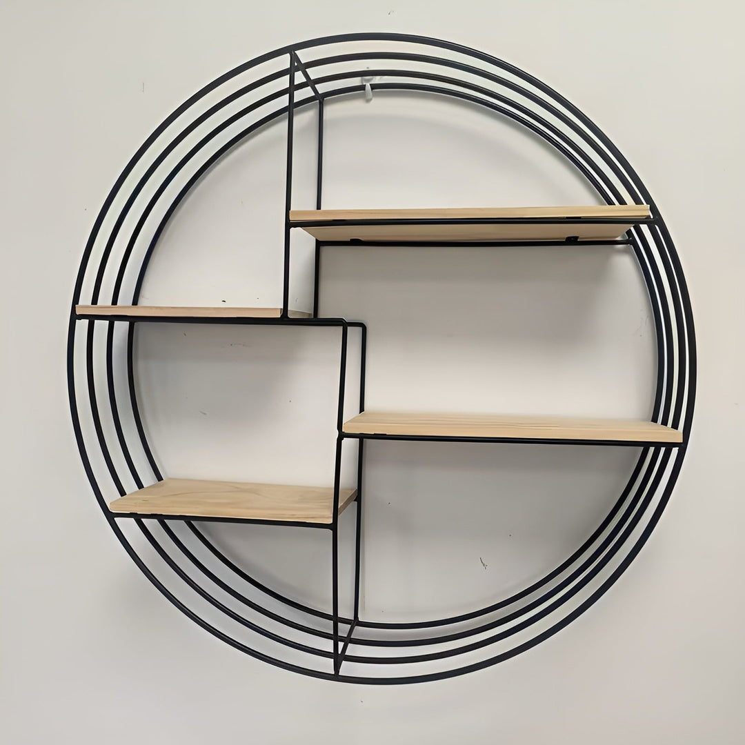 Rund Vegg hylle med 4 nivåer - Retro design laget av tre og metall | Dekorativ hengende hylle for stue, bad og soverom | Luvikno