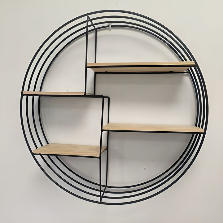 Rund Vegg hylle med 4 nivåer - Retro design laget av tre og metall | Dekorativ hengende hylle for stue, bad og soverom | Luvikno