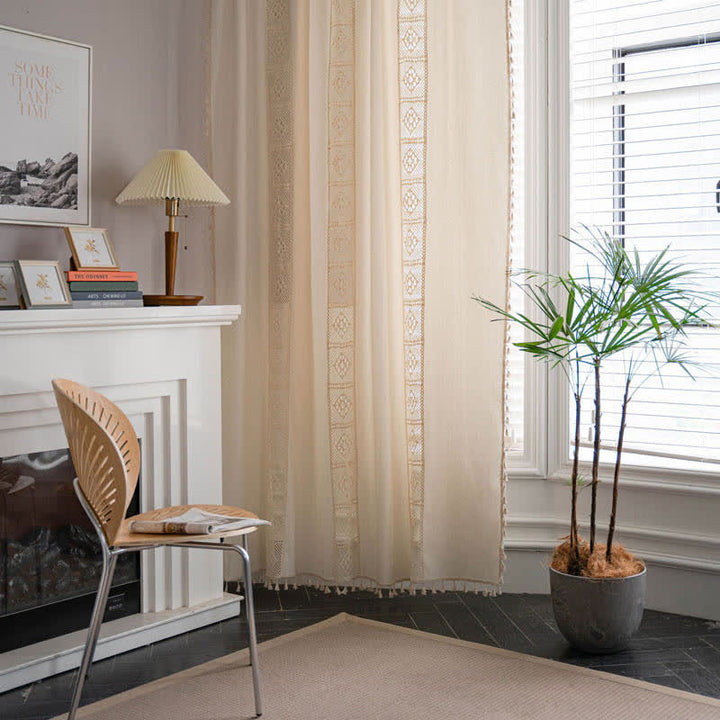 Beige Splicing Hollow-Out Lysfiltrerende Gardinsett | Luvikno