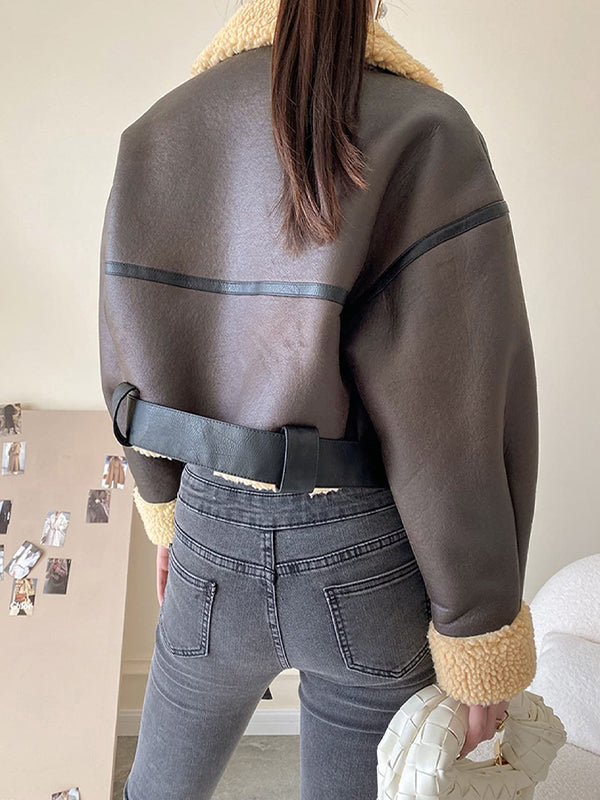 Luvik | Ruskea lammasvillavuorattu nahkasaumakärki lyhyt takki