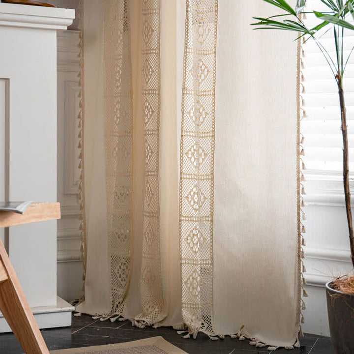 Beige Splicing Hollow-Out Lysfiltrerende Gardinsett | Luvikno