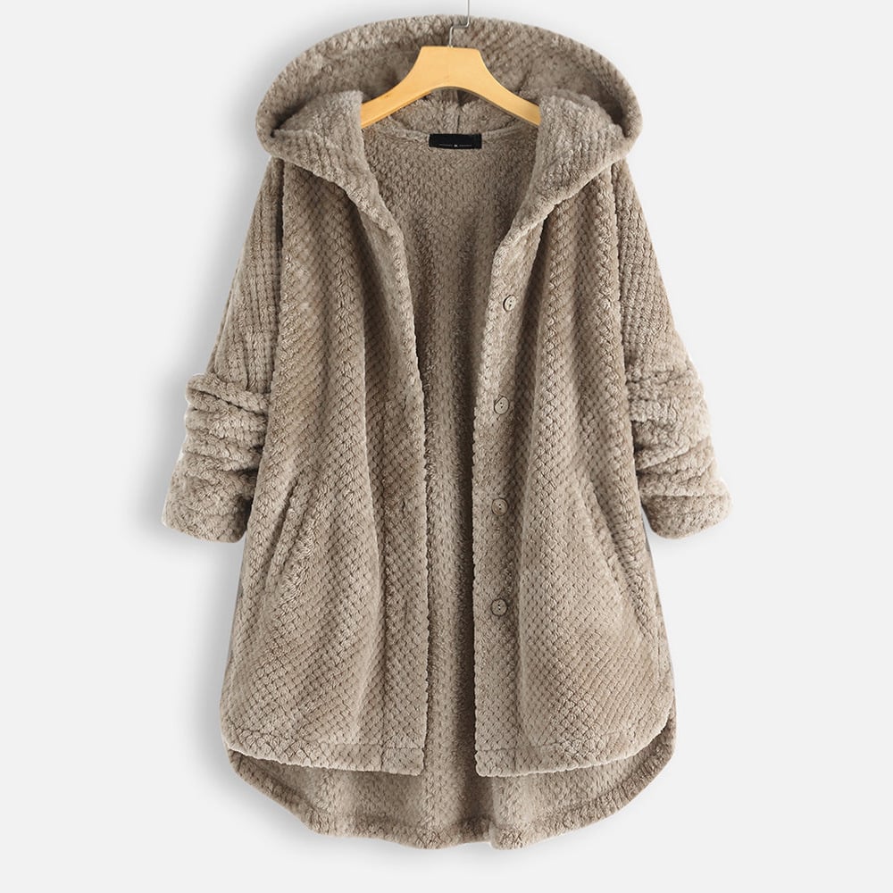 Puolipitkä, käännettävä fleece-takki hupulla talveksi