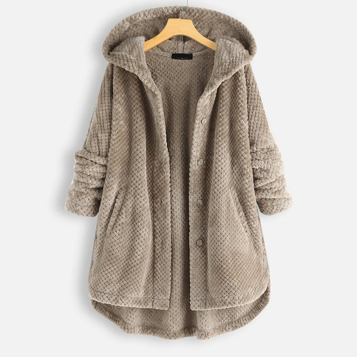 Puolipitkä, käännettävä fleece-takki hupulla talveksi
