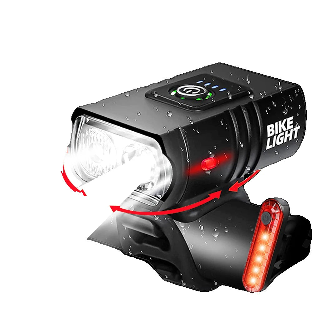 Luvikno | USB Oppladbart Sykkellyktsett - 1500 Lumen LED Hovedlys og Baklys med 6 Moduser for Sikker Nattsykling
