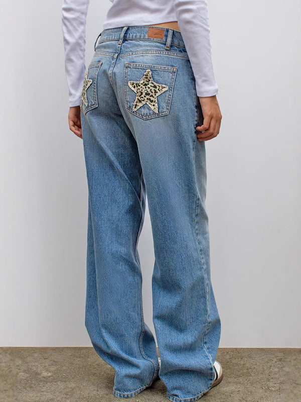Luvik | Retro Leopardtrykk Stjerne Boyfriend Jeans
