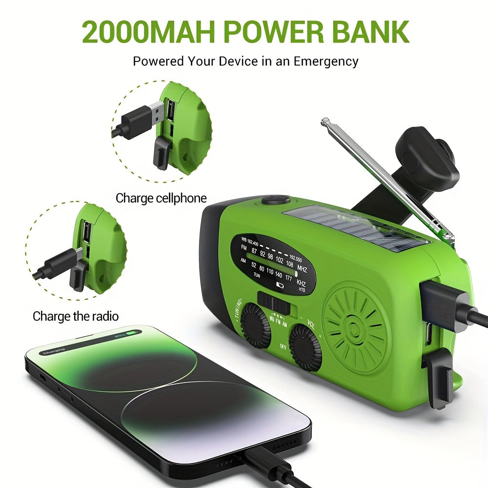 Luvikno | Kompakt Nødradio med 2000mAh Power Bank, Solenergi, Håndsveiv og Innebygd Lommelykt for Utendørsbruk