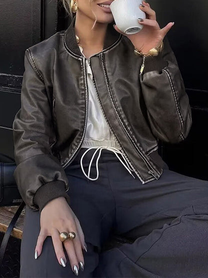 Luvik | Tasa väri nahkabomberi takki