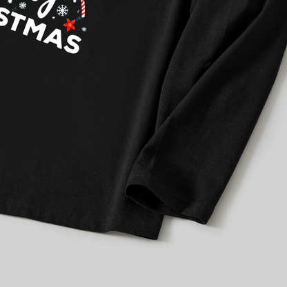 Luvik | "Toivotamme teille Hyvää Joulua" printattu kuvio musta pitkähihainen paita mustilla ja vihreillä ruudullisilla housuilla perheelle sopivat pyjamat