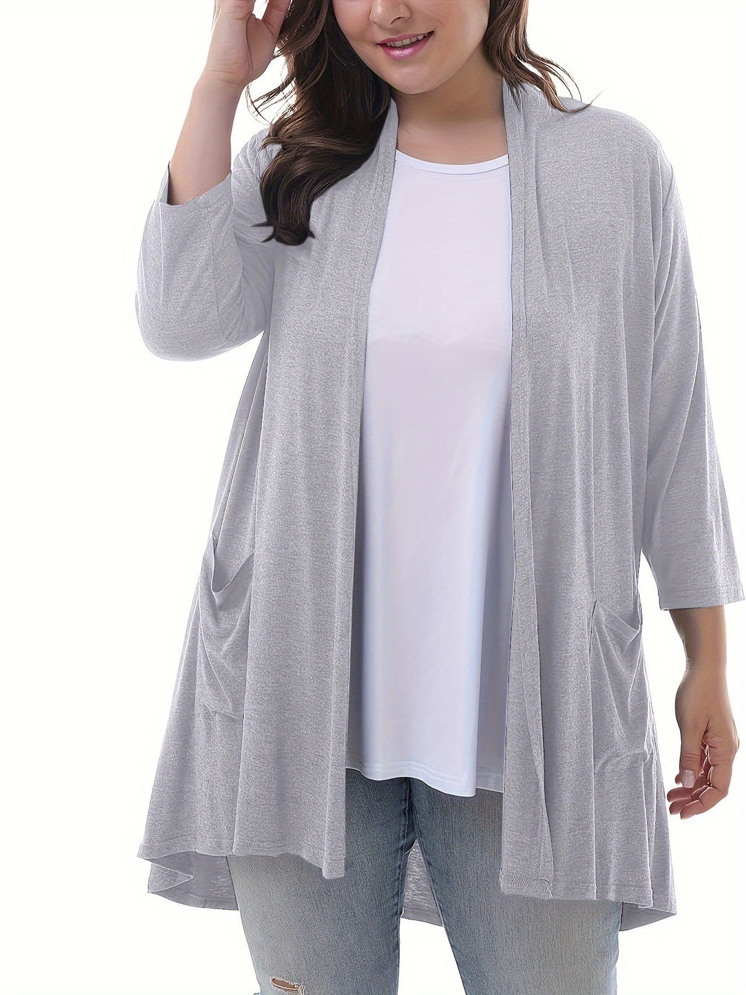 Luvik | Naisten Plus Size 3/4 Hiha Avoin Etu Liivi Taskuilla