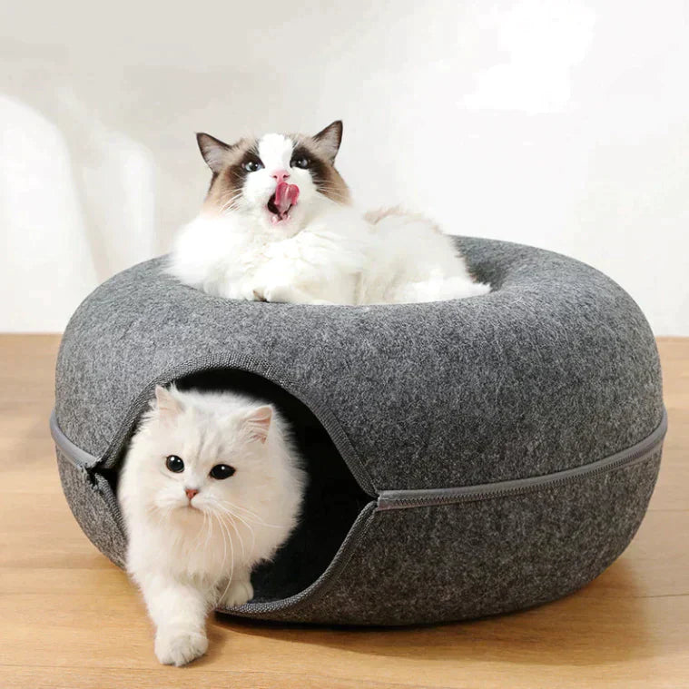 Luvikno | Cozy Donut Katt Seng – Plysjmateriale, Aktivitetsbunn, 20-tommers Diameter, Ideell for Avslapning og Lek