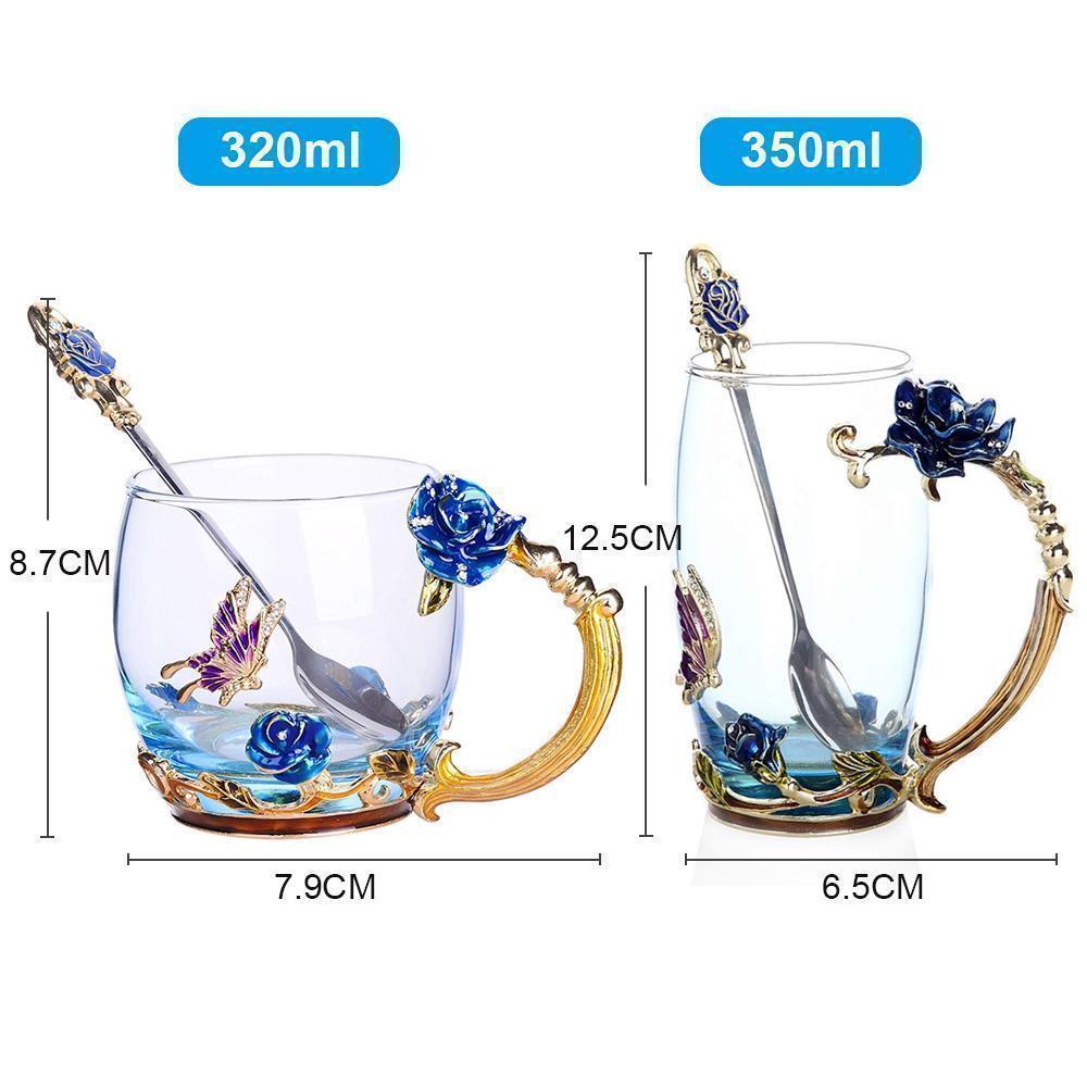 Emalje Rose Glass Tekopp Sett (Med Skje) | Luvikno