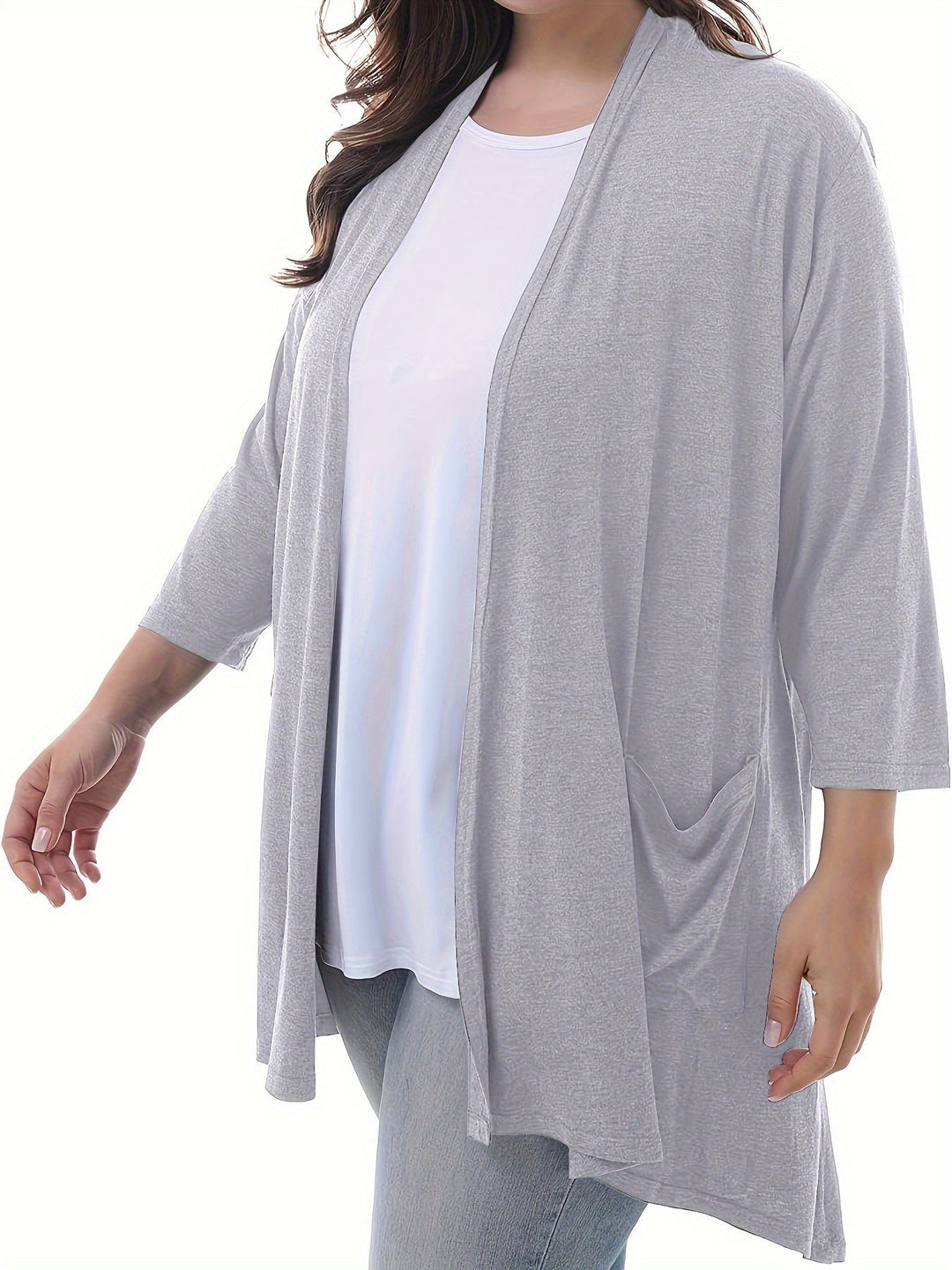 Luvik | Naisten Plus Size 3/4 Hiha Avoin Etu Liivi Taskuilla