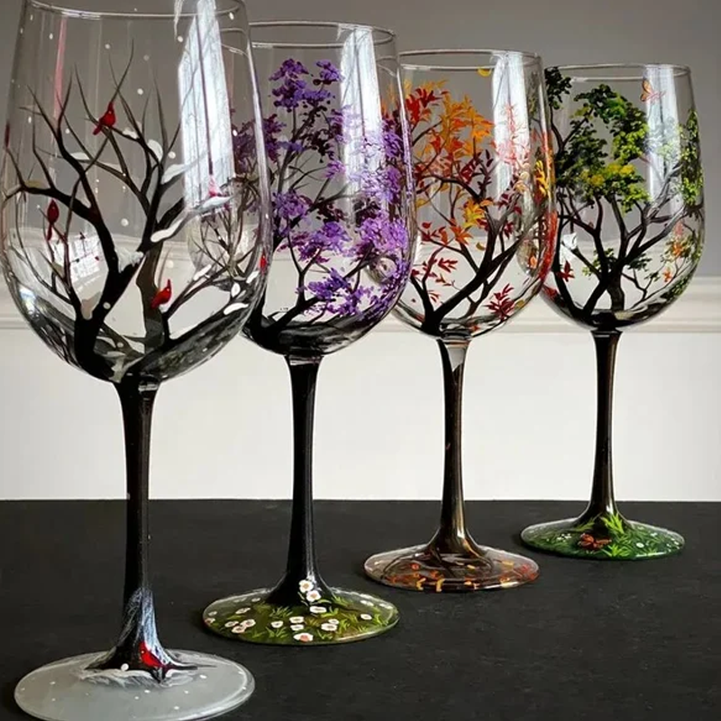 Fire Seasons Tree Vin Glass - Håndmalt Kunst | Luvikno