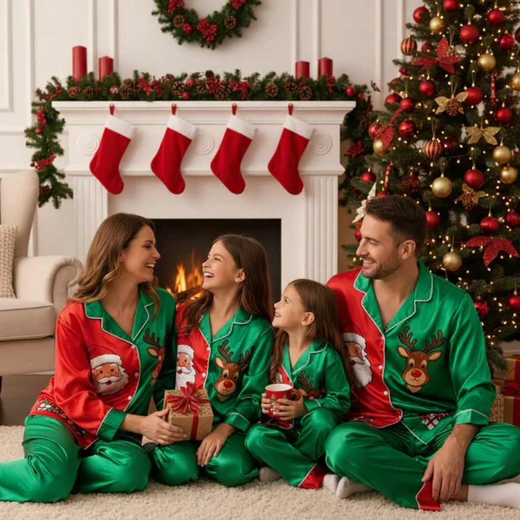 Luvik | Lomaperhe Joulupukki Napitettava Satina Joulukuusi Pyjama Setti