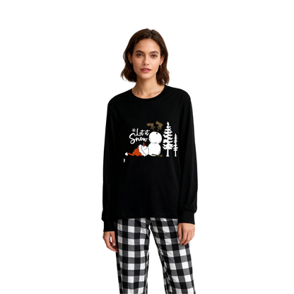 Luvik | "Anna lumisateeseen" teksti ja lumiukko printit musta ja valkoinen ruudullinen perhe pajama