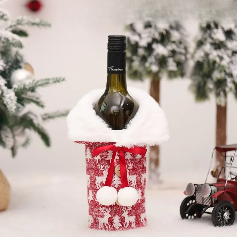Juleflaskehette med pelskrage – festlig hette for vinflasker, nisse dekorasjon til jul, perfekt som gaveinnpakning | Luvikno