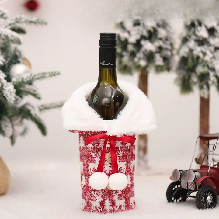 Juleflaskehette med pelskrage – festlig hette for vinflasker, nisse dekorasjon til jul, perfekt som gaveinnpakning | Luvikno
