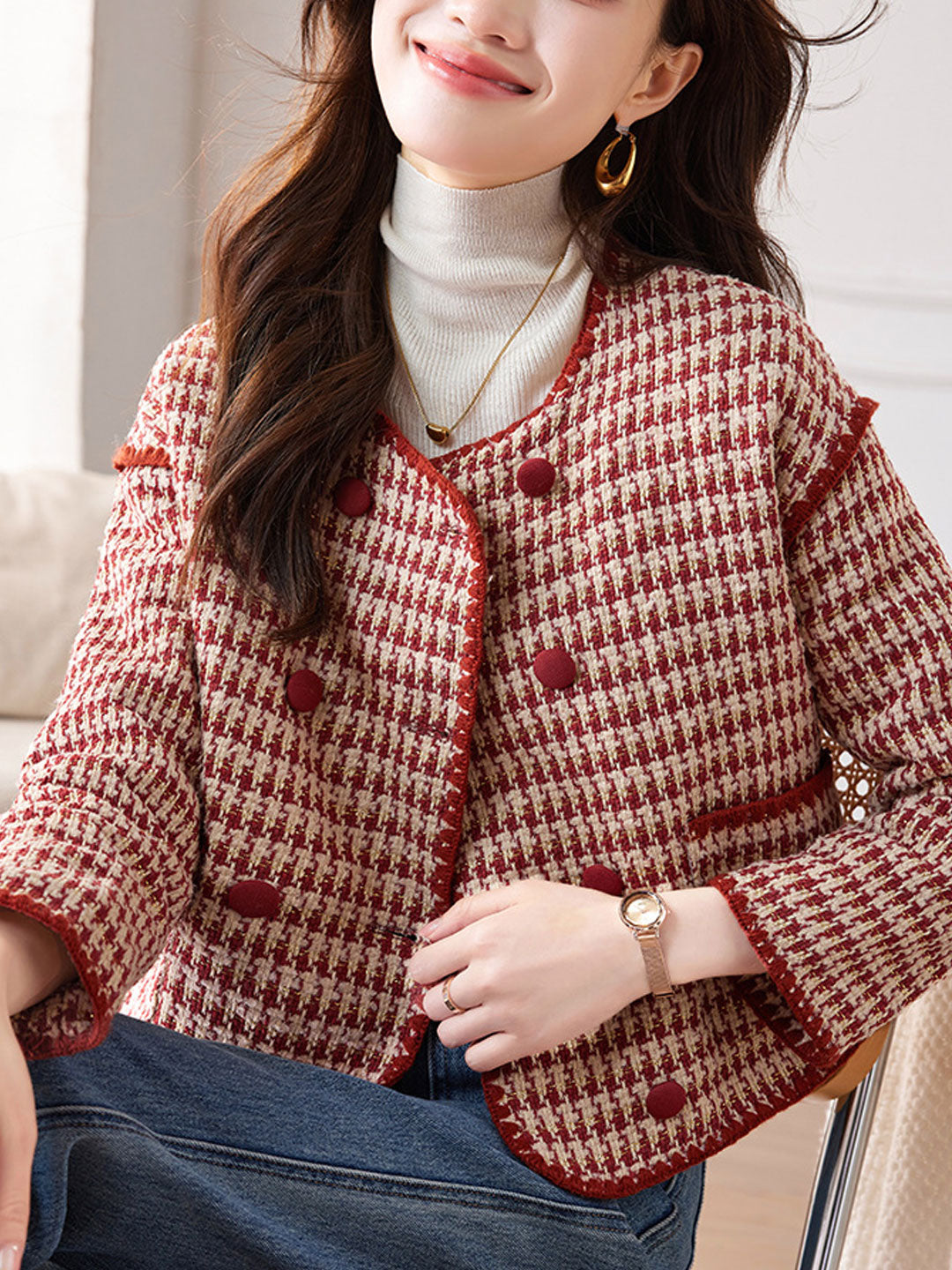 Luvik | Klassinen Pyöreä Kaulus Tweed Takki