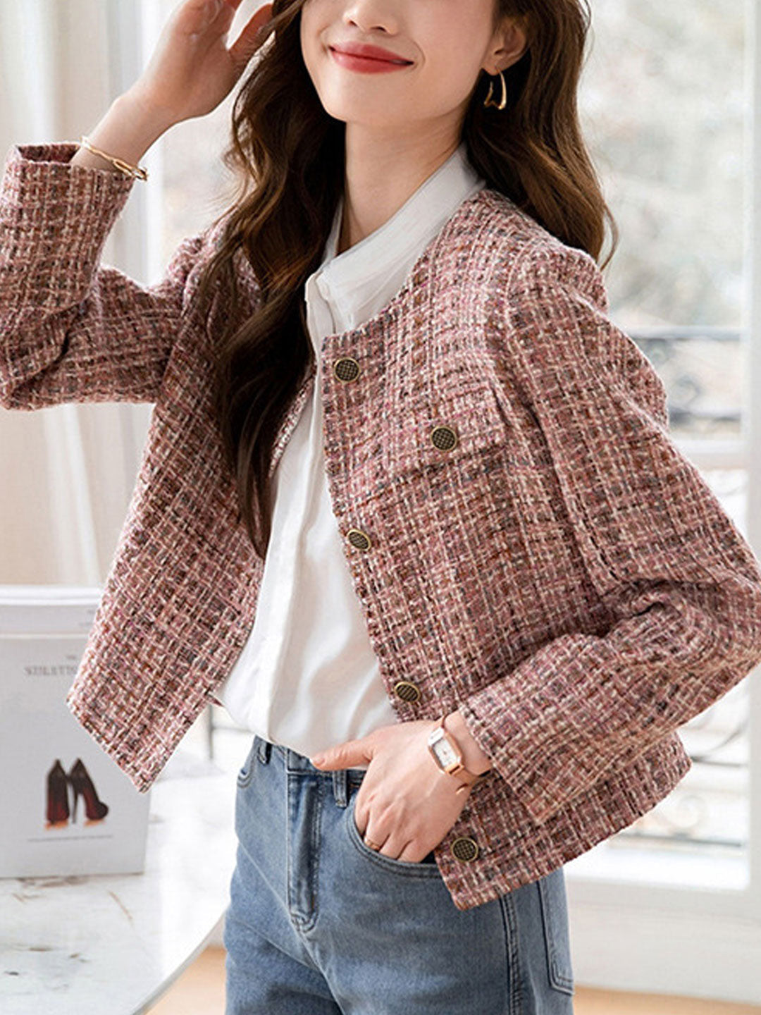 Luvik | Stylisk Rund Hals Rosa Tweed Jakke