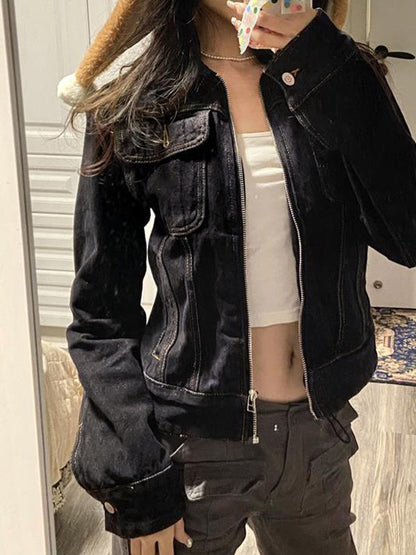 Luvik | Musta Denim Leppäkosketin Vetoketjupaita Lyhyt Takki