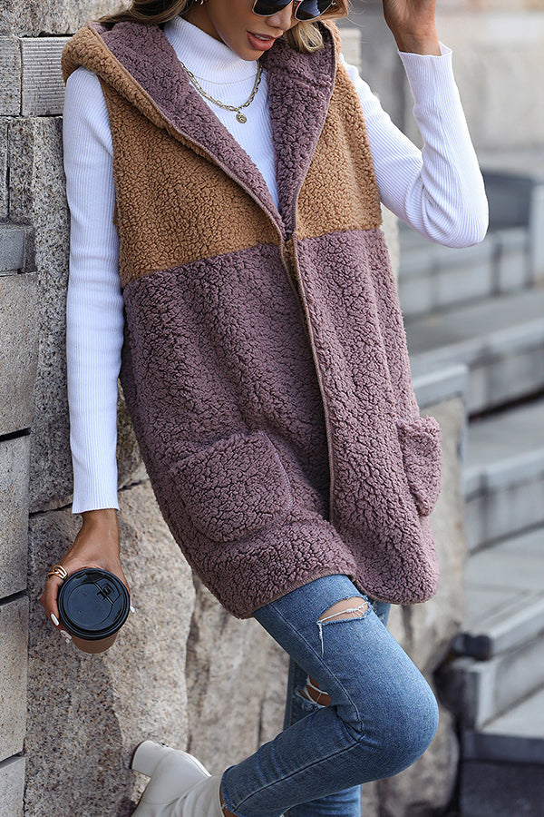 Luvik | Olkaimeton Colorblock-taskuton Keskipitkä Cardigan Puff-Velour-takki