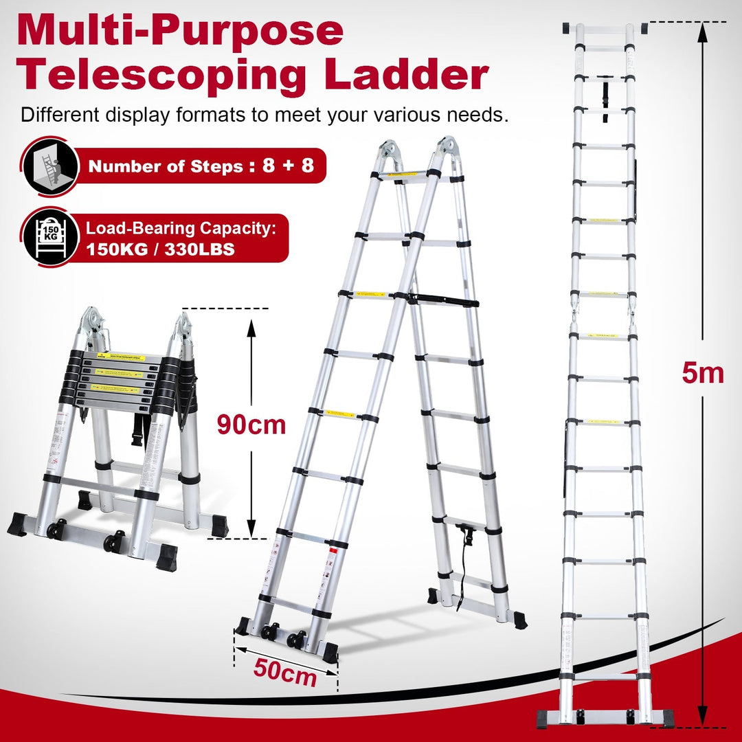 5M Aluminium Teleskopstiger Foldestiger med Hjul og Triangel Stabiliserer | Luvikno