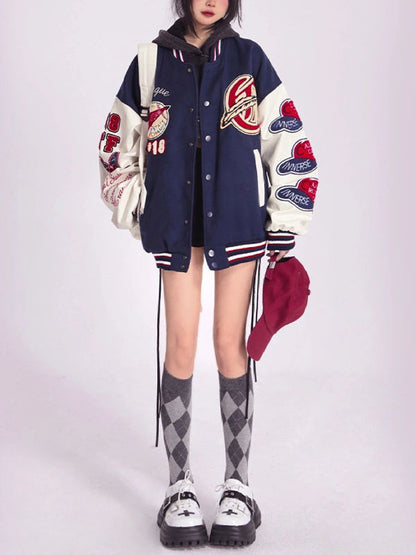 Luvik | Sininen College Varsity Takki Flock Printillä