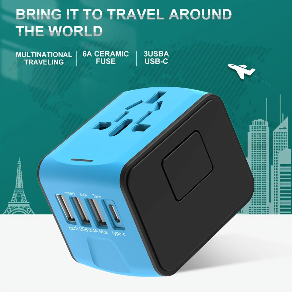 Luvikno | Universell reiseadapter med 4 USB-porter og Type-C – Verdensomspennende kompatibilitet, hurtiglading sikkerhetsfunksjoner
