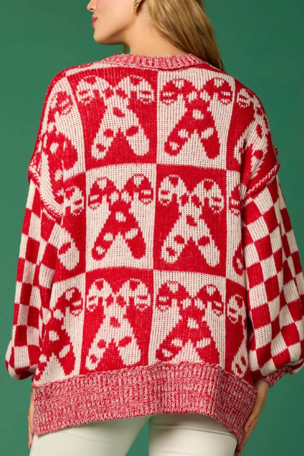 Luvik | Joulunpallo Ruudullinen Pyöreäkauluksinen Pitkähihaiseksi Löysä Neulepusero